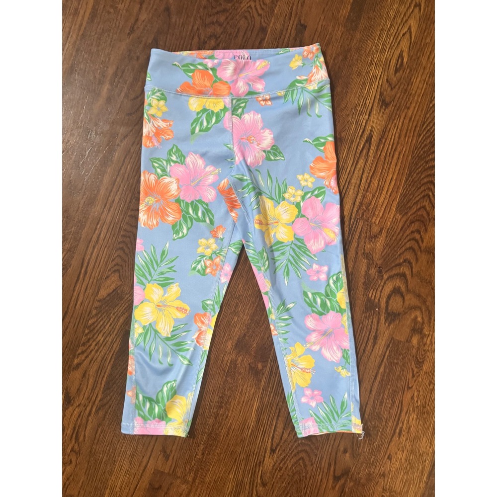 Polo Ralph Lauren Girls Blue Hibiscus Floral Tropical Leggings Size S 7